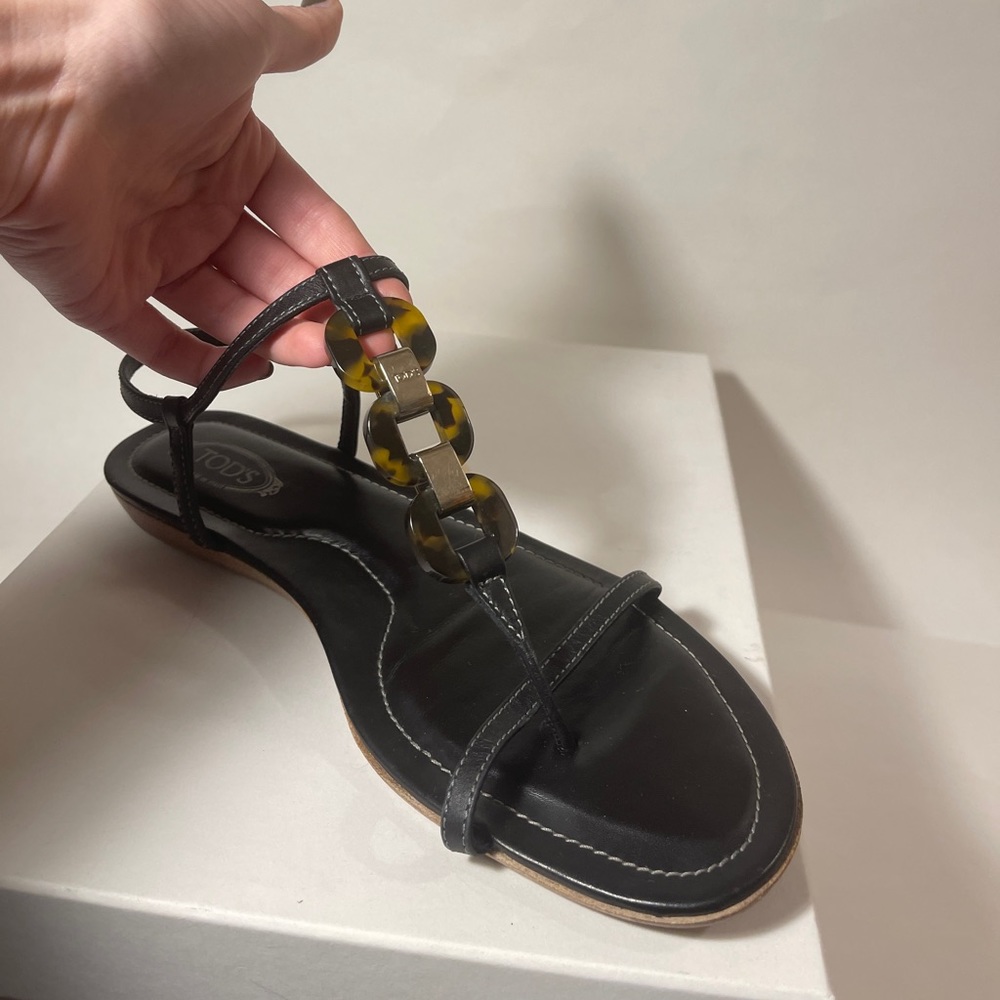 TODS Black Strappy Tortoise Buckle Sandals Size 9.5